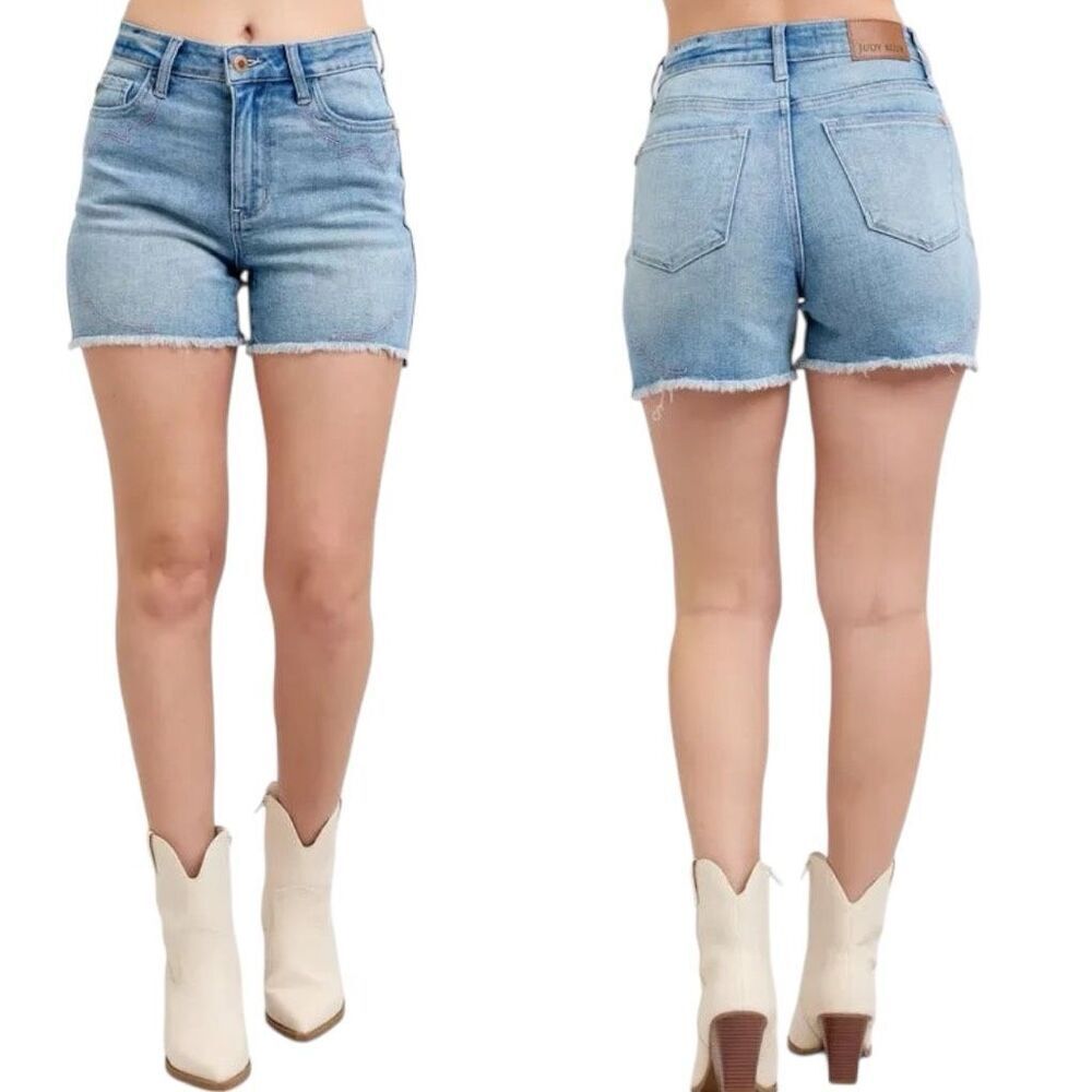 Judy Blue High Rise Cut Off Shorts Western Embroidery Detail Stretch Denim NWT - Picture 5 of 12